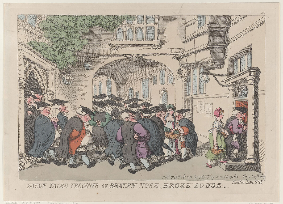 Bacon Faced Fellows of Brazen Nose, Broke Loose, Thomas Rowlandson (British, London 1757–1827 London), Hand-colored etching 