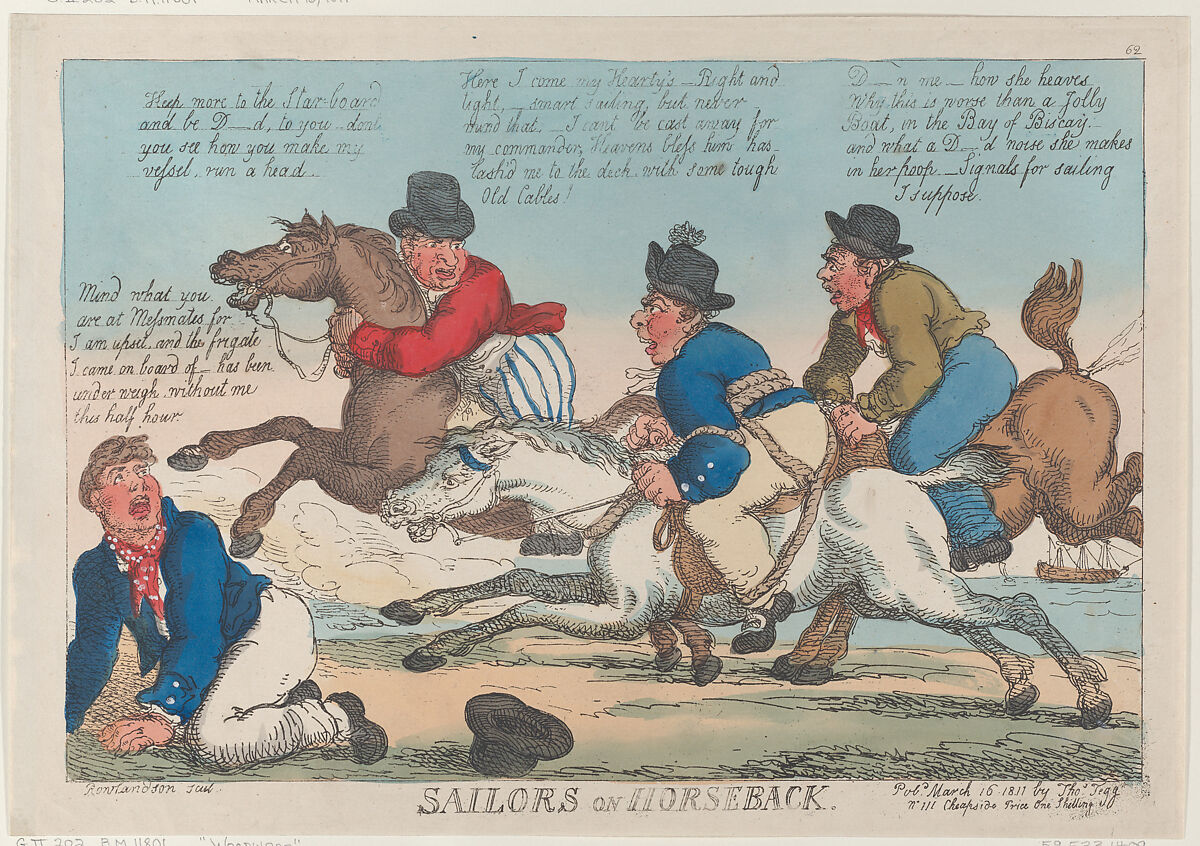 Sailors on Horseback, Thomas Rowlandson (British, London 1757–1827 London), Hand-colored etching 