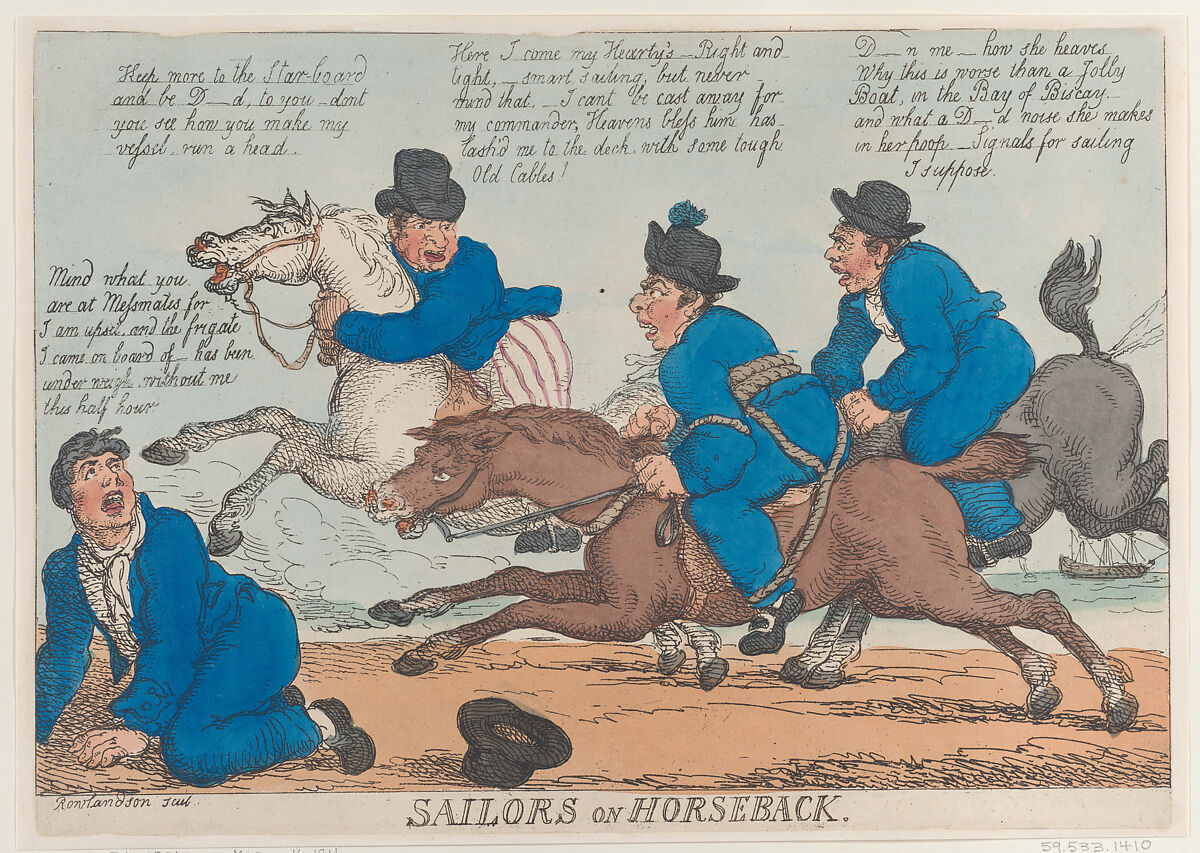 Sailors on Horseback, Thomas Rowlandson (British, London 1757–1827 London), Hand-colored etching 
