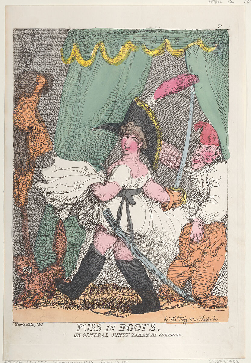 Puss in Boots or General Junot Taken by Surprise, Thomas Rowlandson (British, London 1757–1827 London), Hand-colored etching 