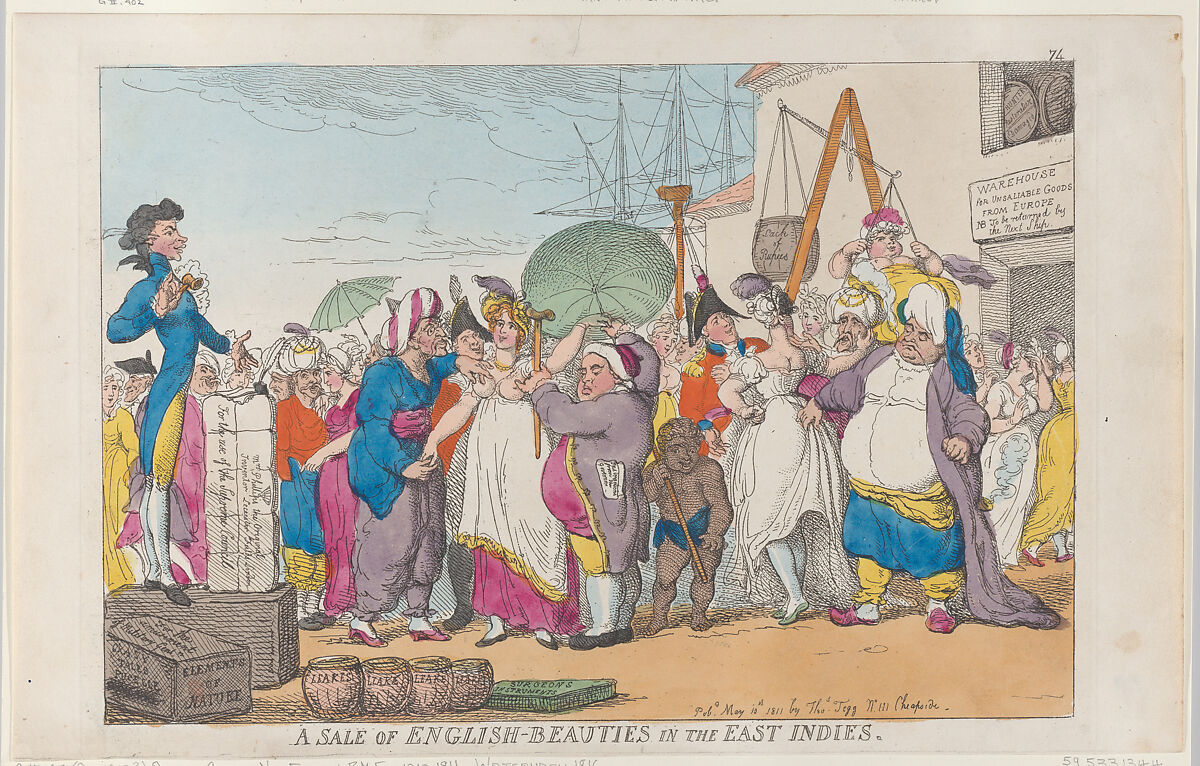A Sale of English-Beauties in the East Indies, Thomas Rowlandson (British, London 1757–1827 London), Hand-colored etching 