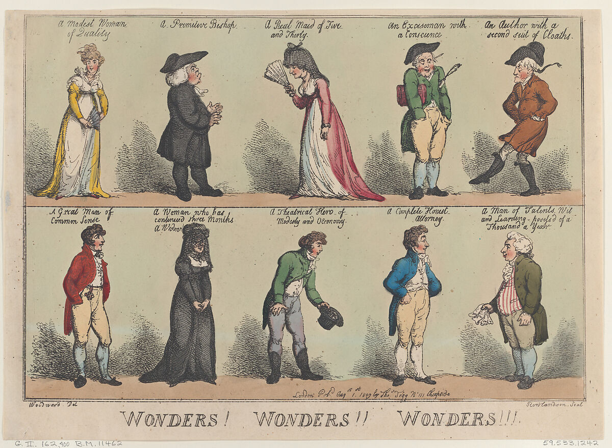 Wonders! Wonders!! Wonders!!!, Thomas Rowlandson (British, London 1757–1827 London), Hand-colored etching 