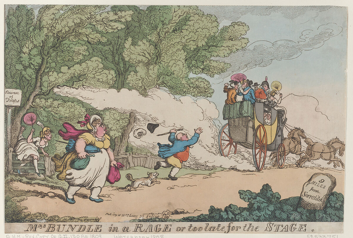 Mrs. Bundle in a Rage or too late for the Stage, After Thomas Rowlandson (British, London 1757–1827 London), Hand-colored etching 