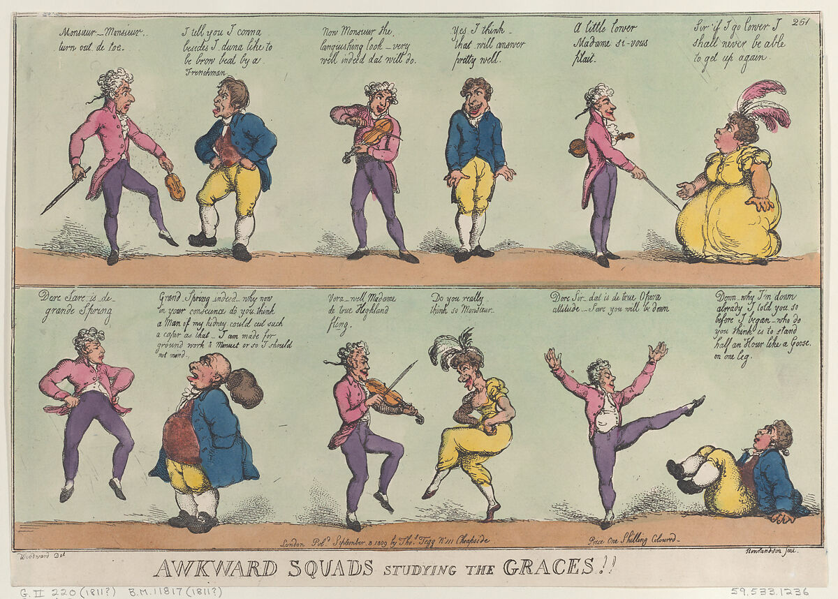 Awkward Squads Studying the Graces!!, Thomas Rowlandson (British, London 1757–1827 London), Hand-colored etching 