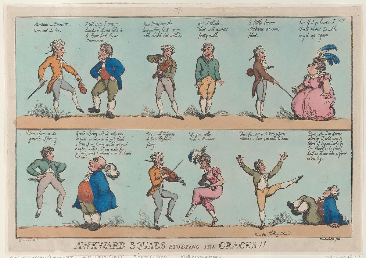 Awkward Squads Studying the Graces!!, Thomas Rowlandson (British, London 1757–1827 London), Hand-colored etching 