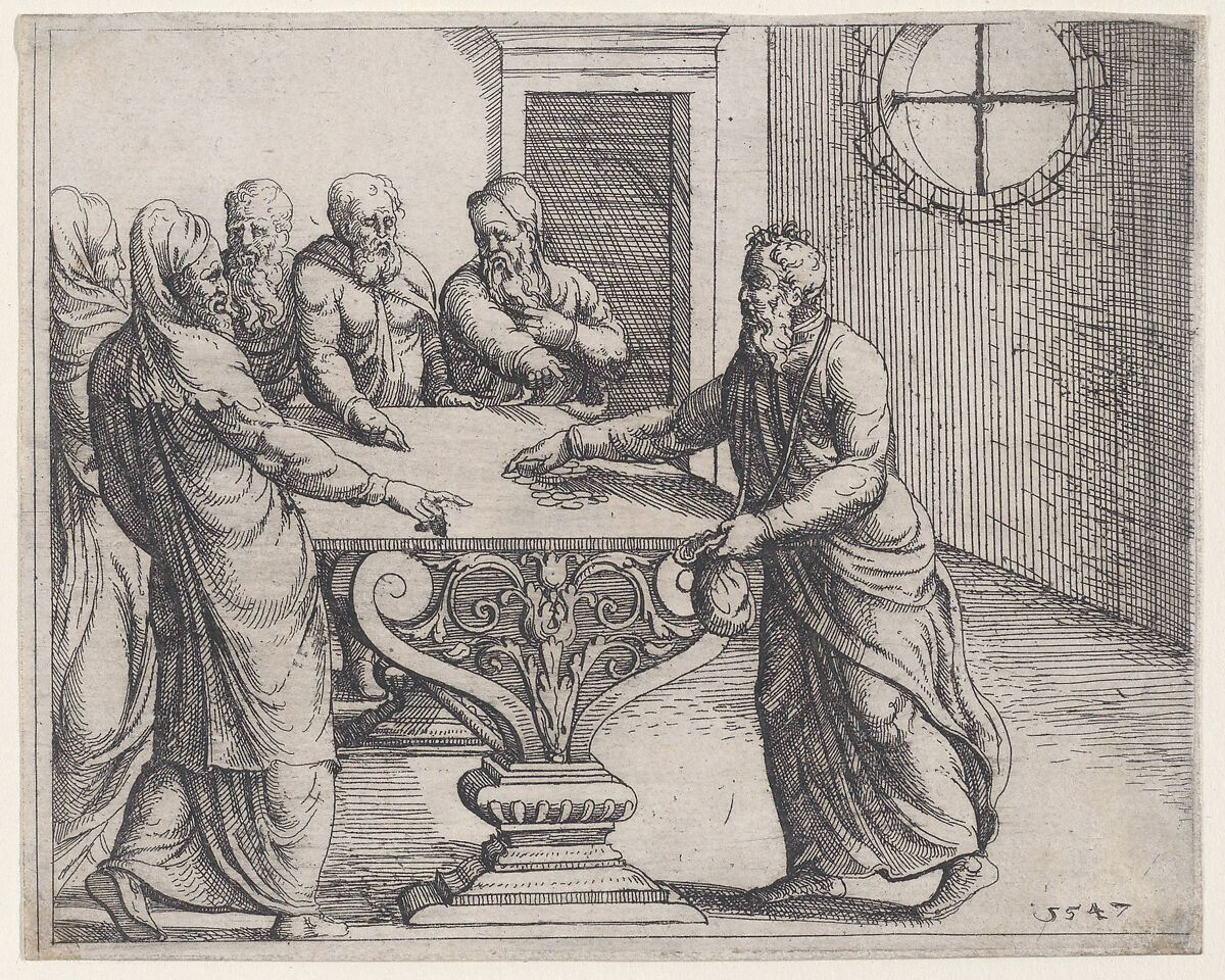 Judas Receiving the Wages of His Treason, from Old and New Testaments, Augustin Hirschvogel (German, Nuremberg 1503–1553 Vienna), Etching 