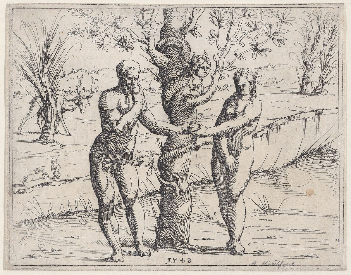 Adam and Eve Eating the Forbidden Fruit, from Old and New Testaments, Augustin Hirschvogel (German, Nuremberg 1503–1553 Vienna), Etching 