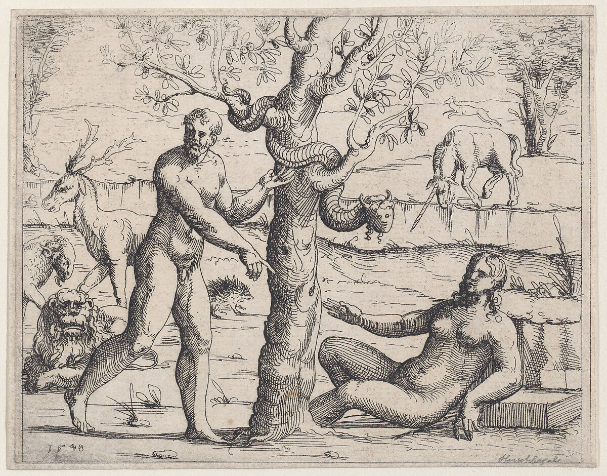Adam and Eve Eating the Forbidden Fruit, from Old and New Testaments, Augustin Hirschvogel (German, Nuremberg 1503–1553 Vienna), Etching 