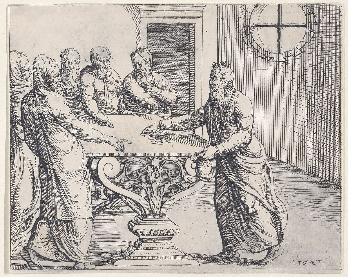 Judas Being Paid the 30 Pieces of Silver, from Old and New Testaments, Augustin Hirschvogel (German, Nuremberg 1503–1553 Vienna), Etching 