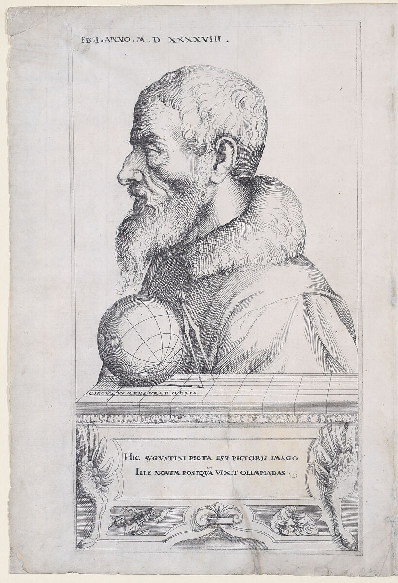 Self Portrait of the Artist and Coat of Arms of the Artist, Augustin Hirschvogel (German, Nuremberg 1503–1553 Vienna), Etching 