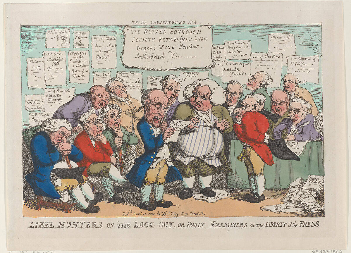 Libel Hunters on the Lookout, or Daily Examiners of the Liberty Press, Thomas Rowlandson (British, London 1757–1827 London), Hand-colored etching 
