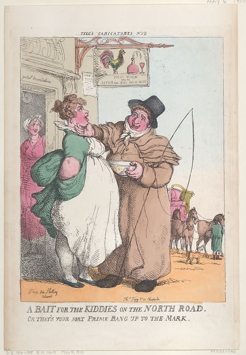 A Bait for Kiddies on the North Road. Or That's Your Sort Prime Bang up the Mark, Thomas Rowlandson (British, London 1757–1827 London), Hand-colored etching 