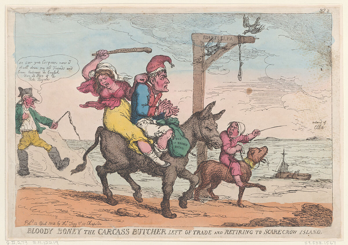 Bloody Boney the Carcass Butcher Left of Trade and Retiring to Scarecrow Island, Thomas Rowlandson (British, London 1757–1827 London), Hand-colored etching 