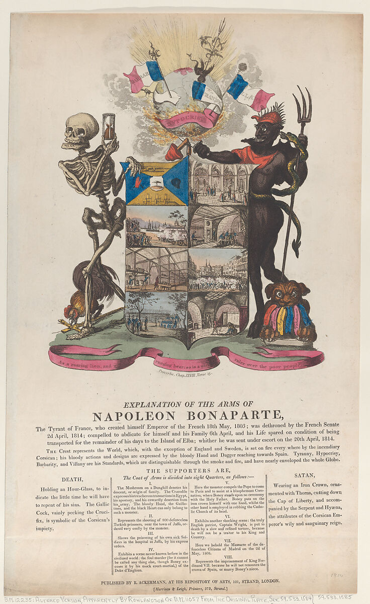 Explanation of the Arms of Napoleon Bonaparte, Thomas Rowlandson (British, London 1757–1827 London), Hand-colored etching and aquatint, letterpress 