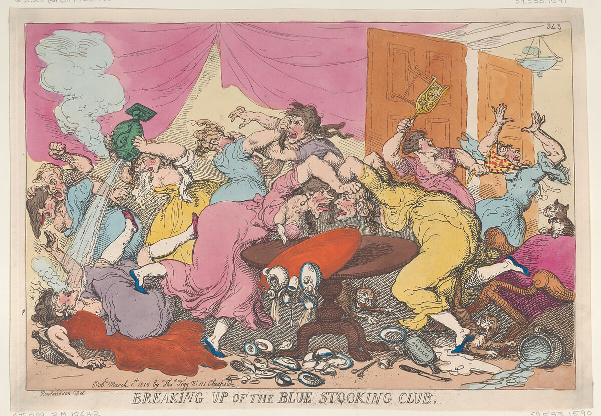 Breaking Up of the Blue Stocking Club, Thomas Rowlandson (British, London 1757–1827 London), Hand-colored etching 