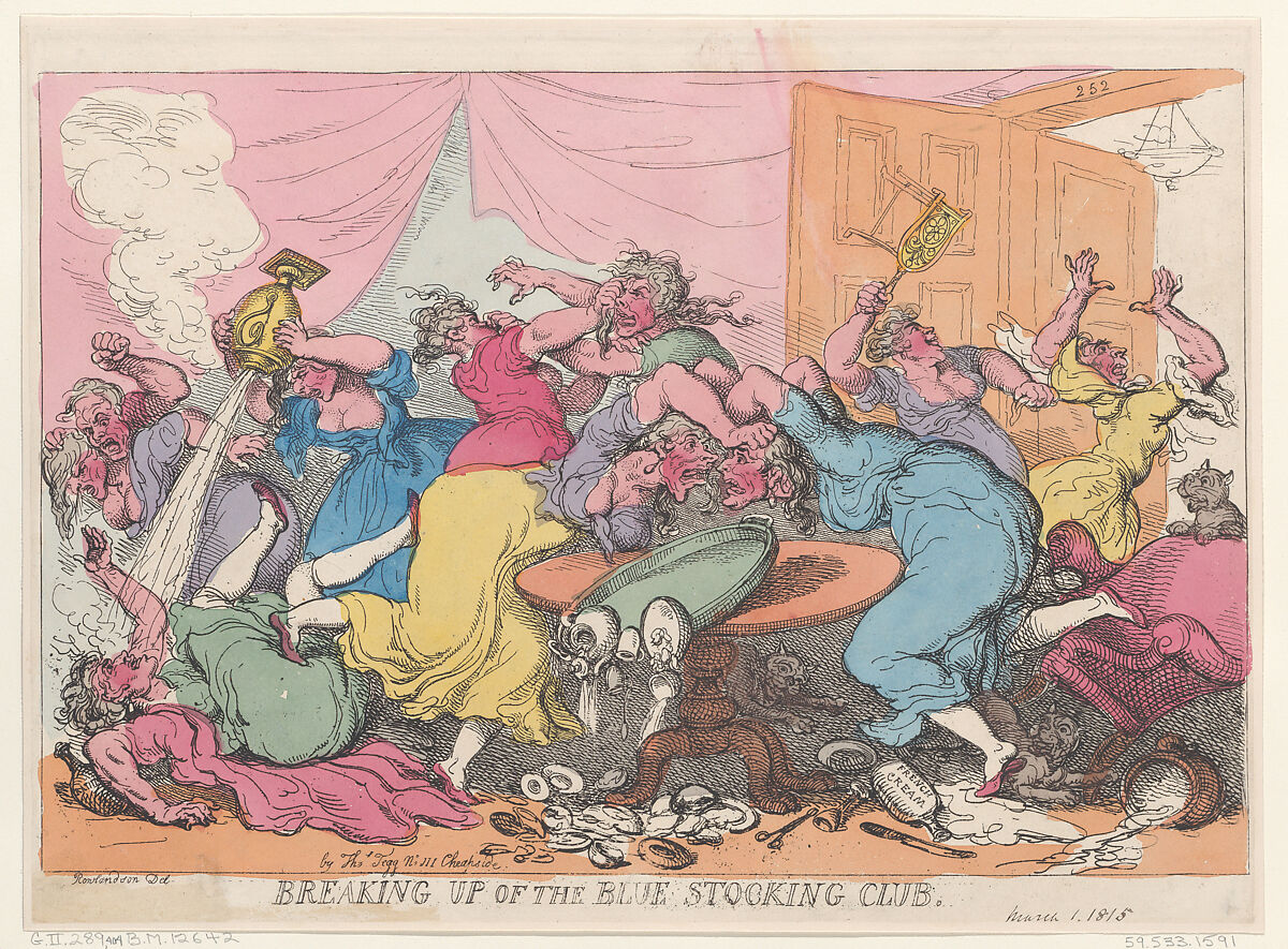 Breaking Up of the Blue Stocking Club, Thomas Rowlandson (British, London 1757–1827 London), Hand-colored etching 