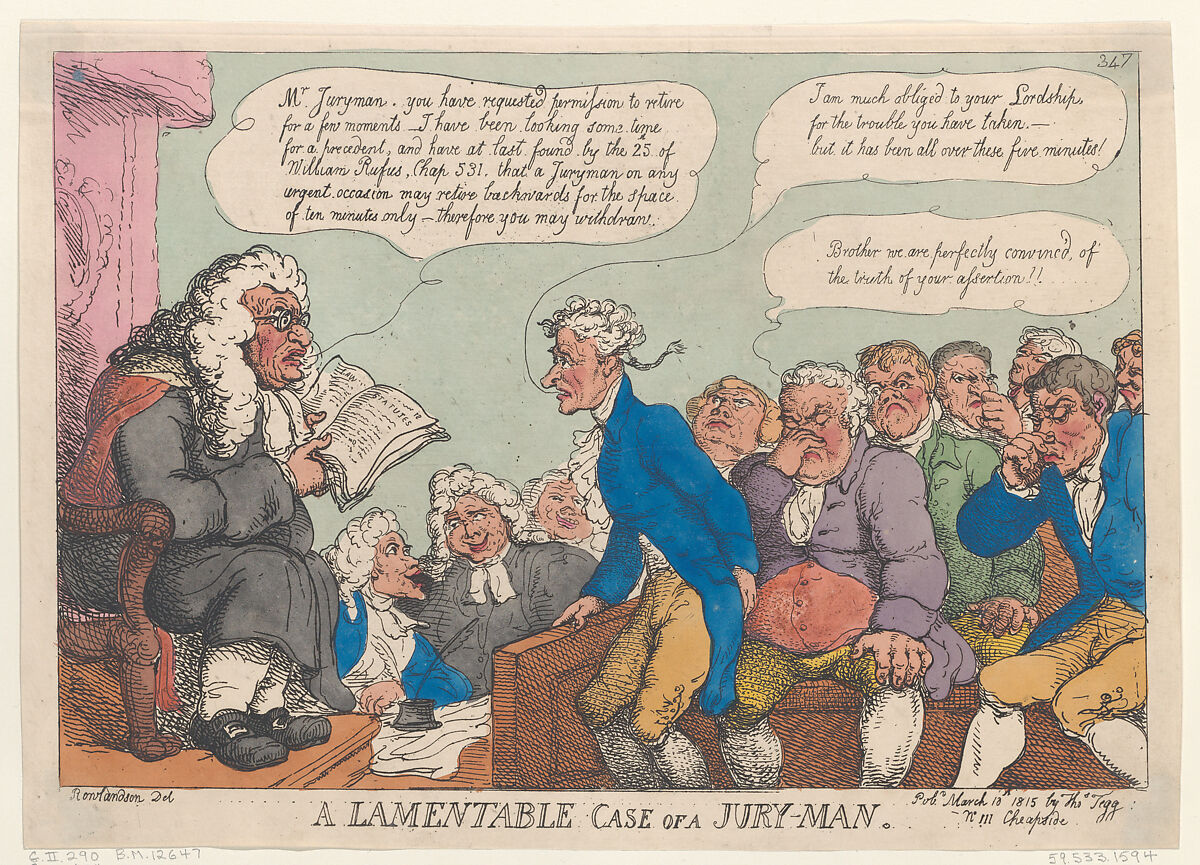 A Lamentable Case of a Jury-Man, Thomas Rowlandson (British, London 1757–1827 London), Hand-colored etching 