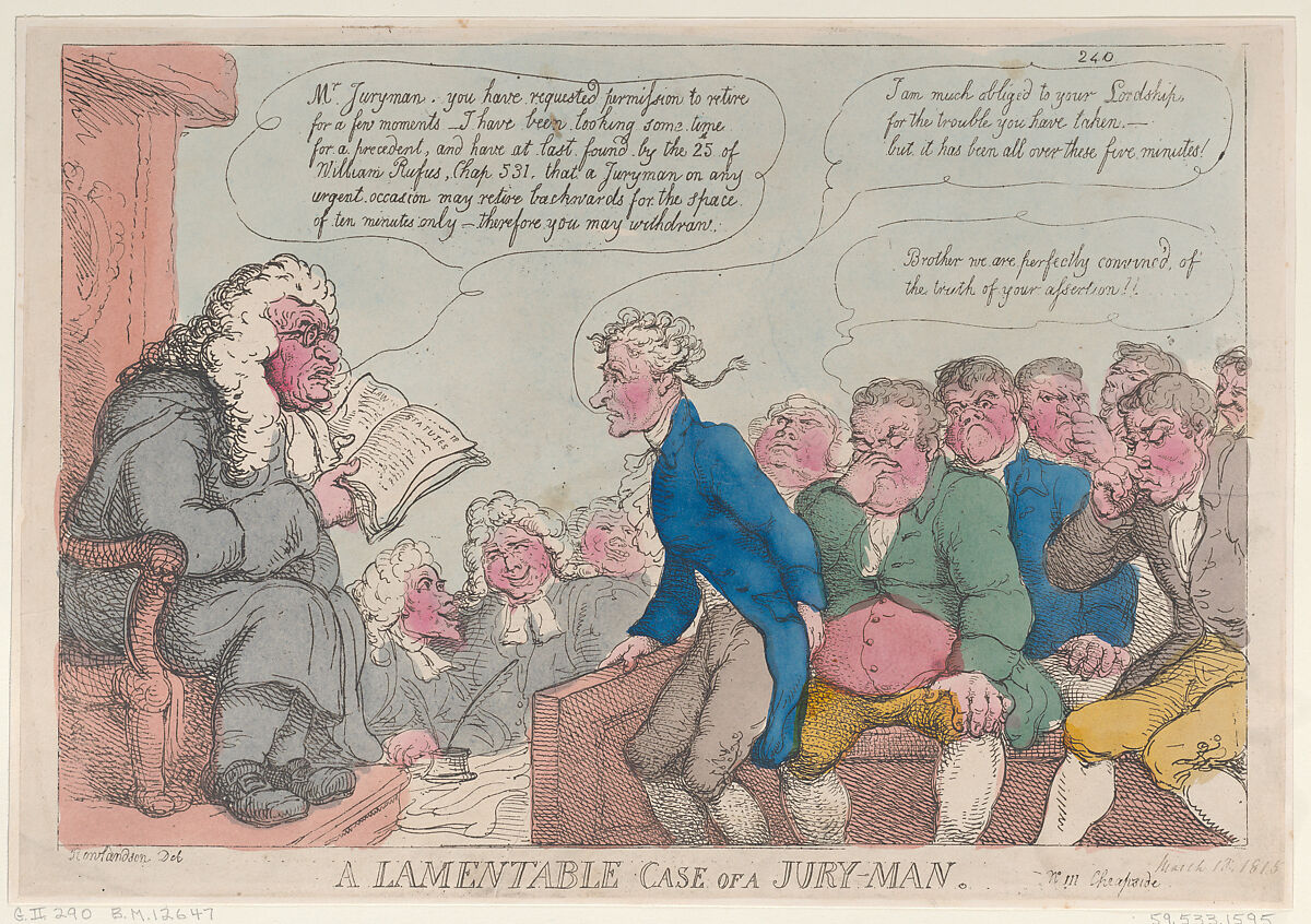 A Lamentable Case of a Jury-Man, Thomas Rowlandson (British, London 1757–1827 London), Hand-colored etching 