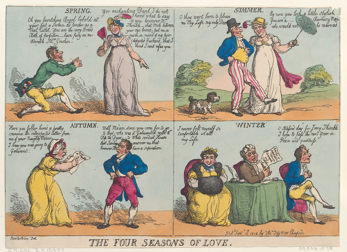 The Four Seasons of Love, Thomas Rowlandson (British, London 1757–1827 London), Hand-colored etching 