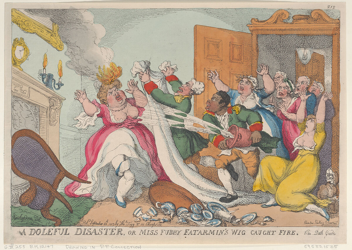 A Doleful Disaster, or Miss Fubby Fatarmin's Wig Caught Fire, Thomas Rowlandson (British, London 1757–1827 London), Hand-colored etching 