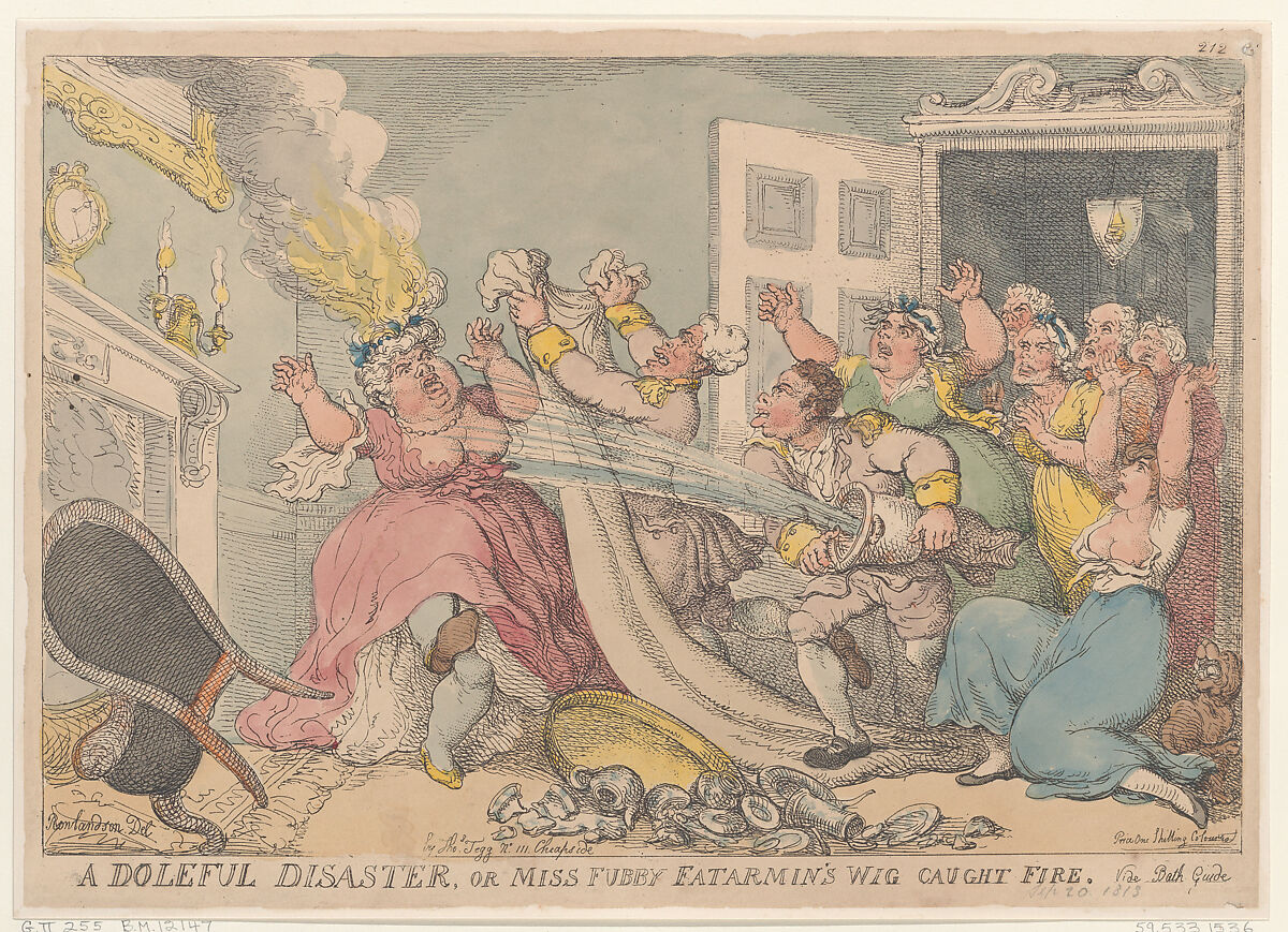 A Doleful Disaster, or Miss Fubby Fatarmin's Wig Caught Fire, Thomas Rowlandson (British, London 1757–1827 London), Hand-colored etching 