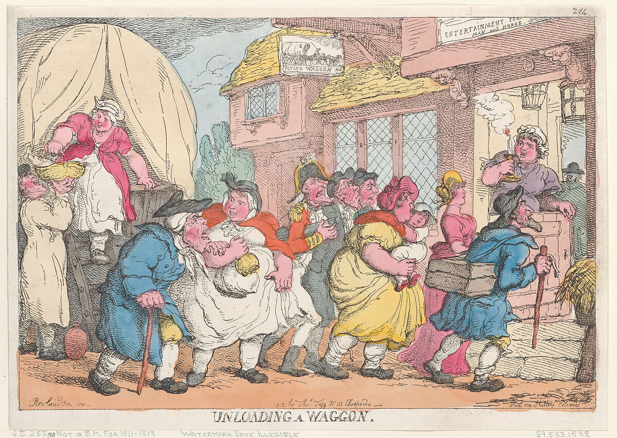 A Doleful Disaster, or Miss Fubby Fatarmin's Wig Caught Fire, Thomas Rowlandson (British, London 1757–1827 London), Hand-colored etching 