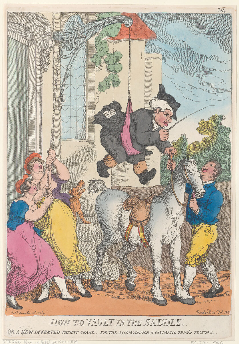 How to Vault in the Saddle or a New Invented Patent Crane for the Accomodation or Rheumatic Rump'd Rectors, Thomas Rowlandson (British, London 1757–1827 London), Hand-colored etching 