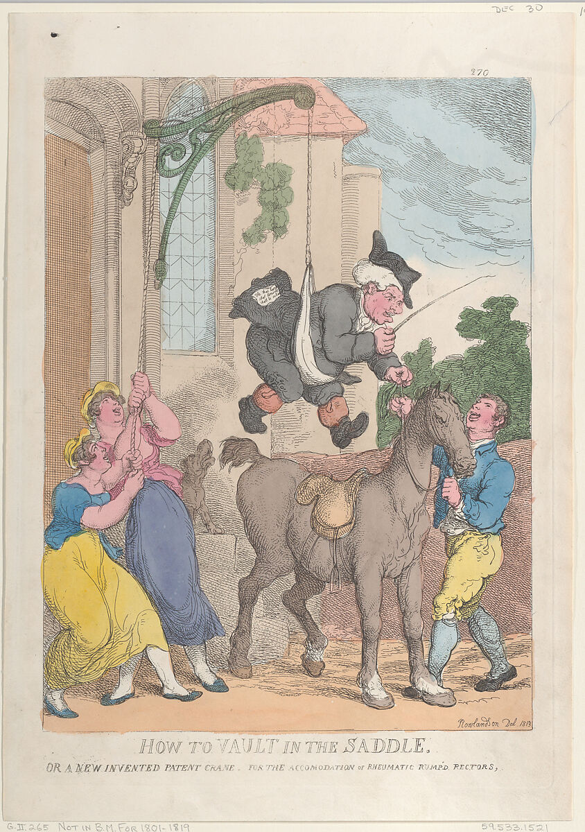 How to Vault in the Saddle or a New Invented Patent Crane for the Accomodation or Rheumatic Rump'd Rectors, Thomas Rowlandson (British, London 1757–1827 London), Hand-colored etching 