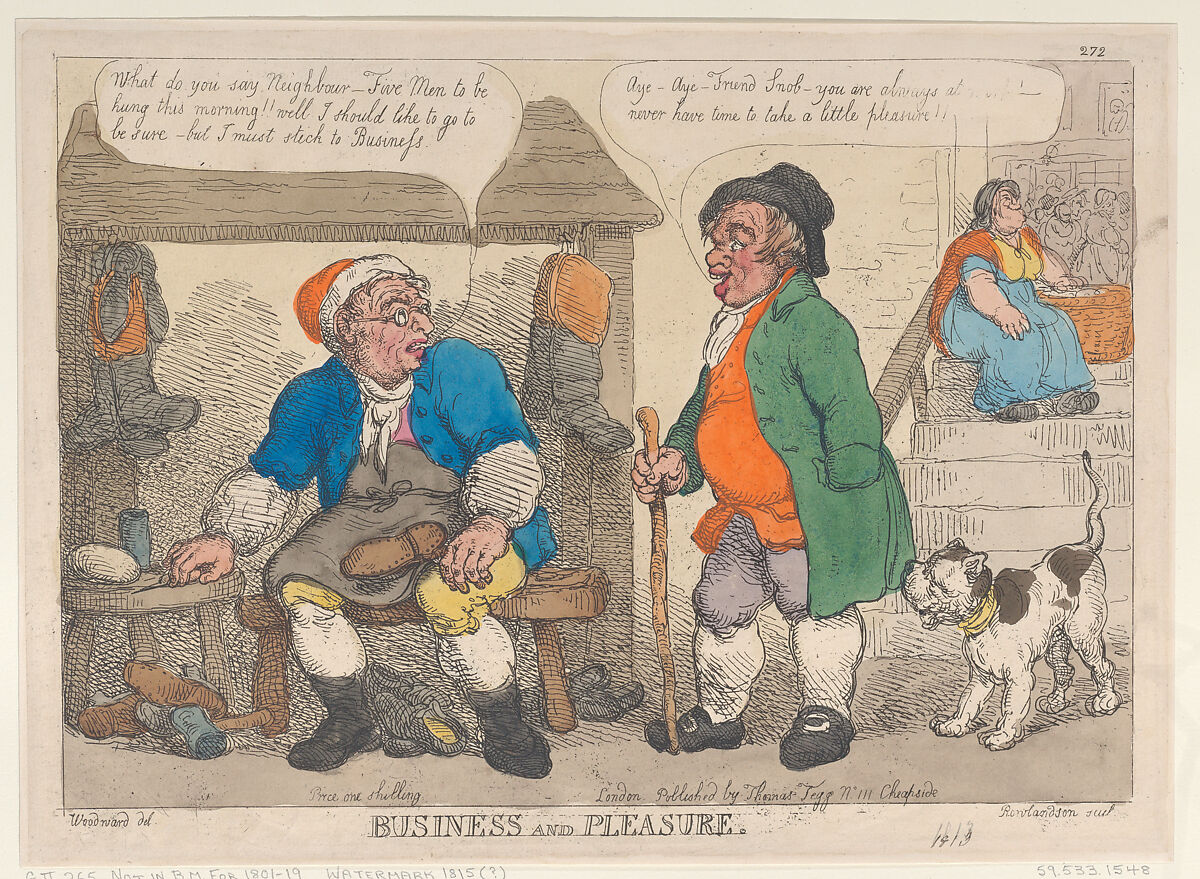 Business and Pleasure, Thomas Rowlandson (British, London 1757–1827 London), Hand-colored etching 