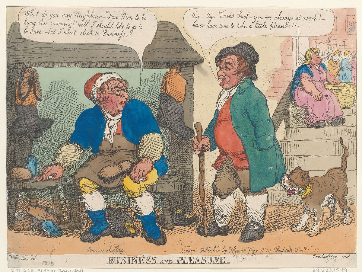 Business and Pleasure, Thomas Rowlandson (British, London 1757–1827 London), Hand-colored etching 