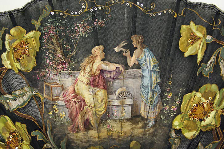 Fan, mother-of-pearl, silk, gouache, metal, American or European