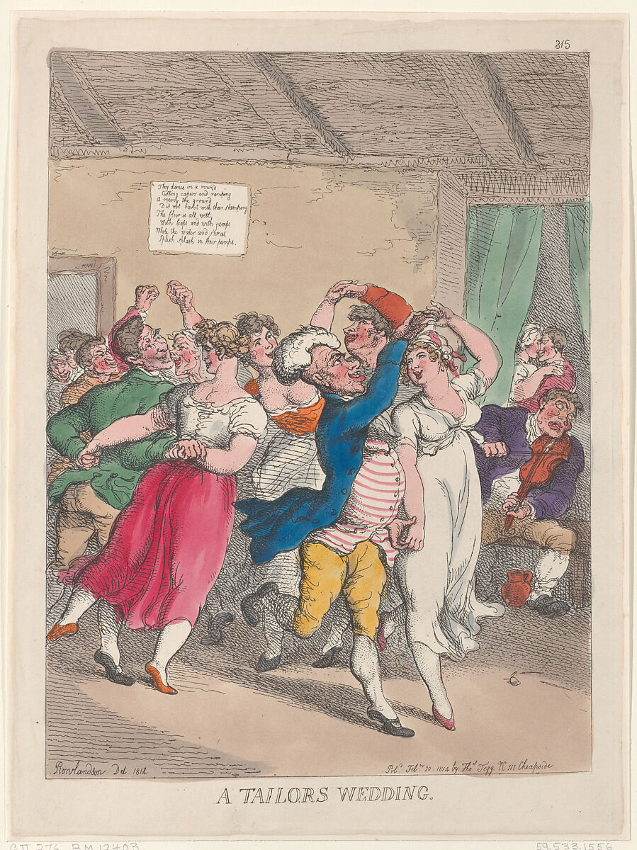 A Tailors Wedding, Thomas Rowlandson (British, London 1757–1827 London), Hand-colored etching 