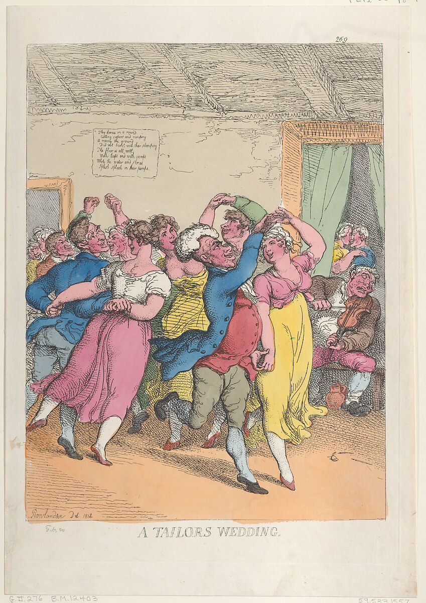 A Tailors Wedding, Thomas Rowlandson (British, London 1757–1827 London), Hand-colored etching 