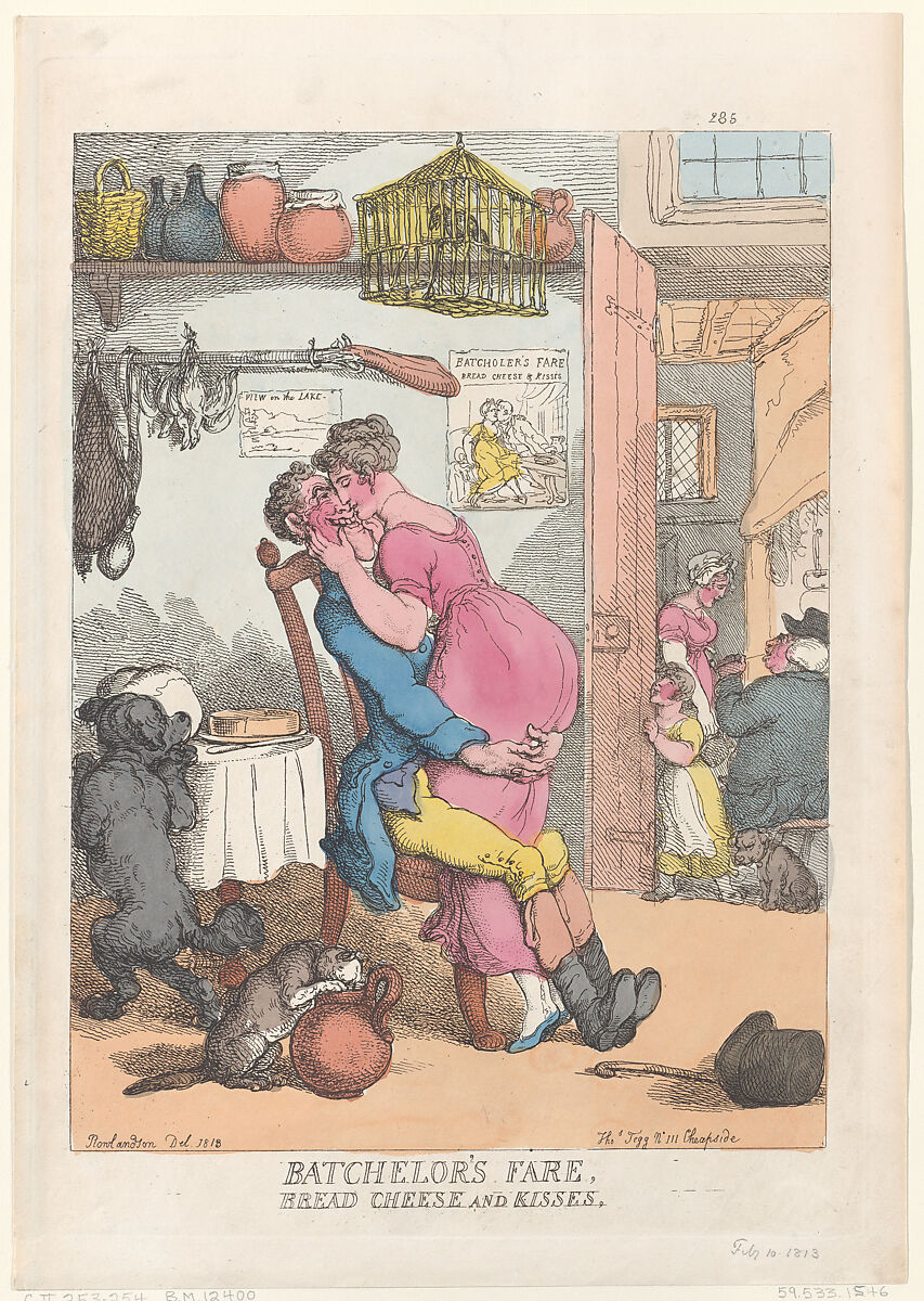 Bachelor's Fare, Bread, Cheese, and Kisses, Thomas Rowlandson (British, London 1757–1827 London), Hand-colored etching 