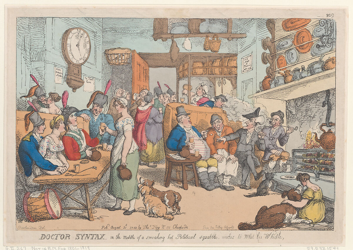 Doctor Syntax, in the Middle of a Smoking Hot Political Squabble, Wishes to Whet his Whistle, Thomas Rowlandson (British, London 1757–1827 London), Hand-colored etching 