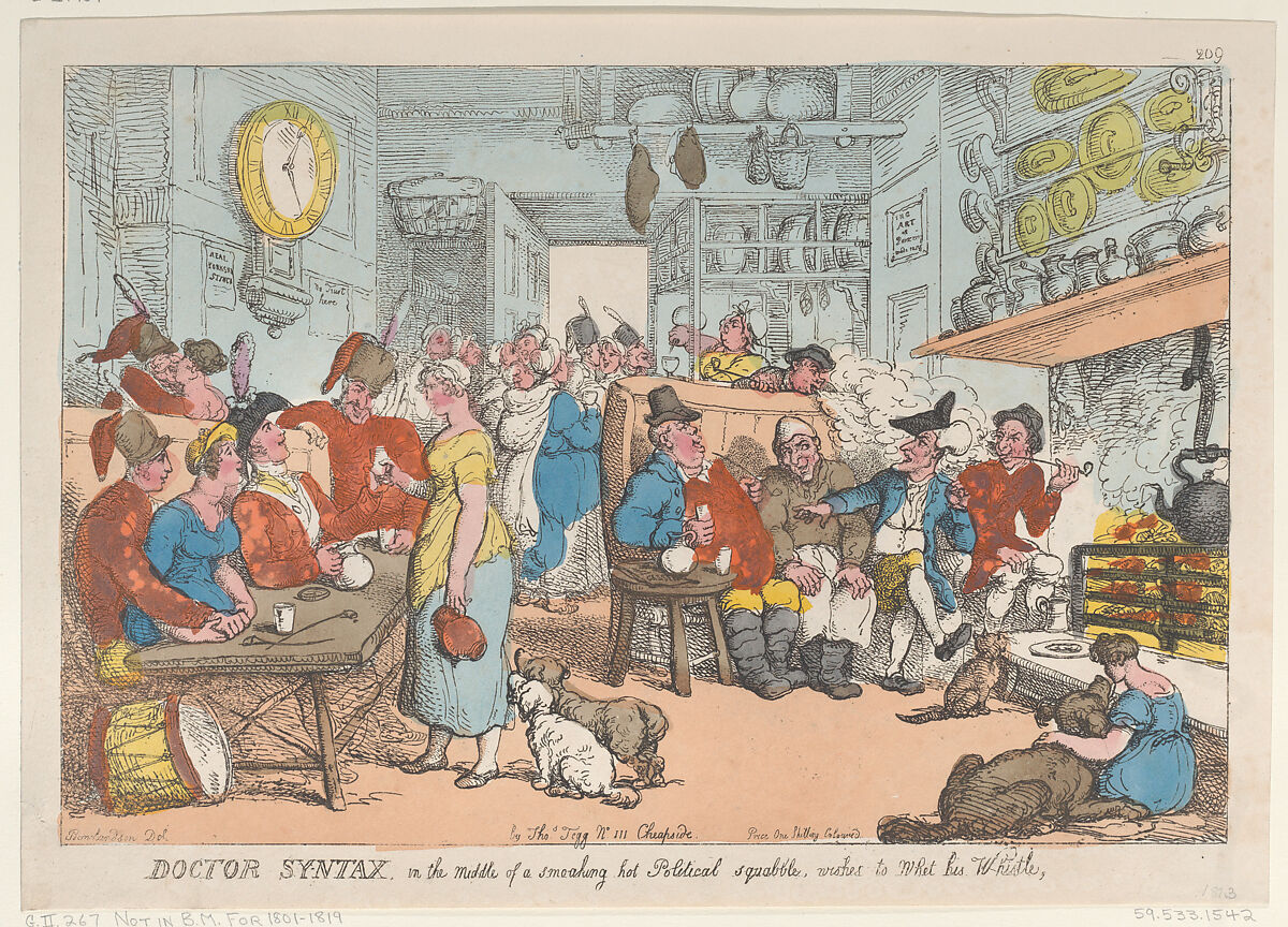 Doctor Syntax, in the Middle of a Smoking Hot Political Squabble, Wishes to Whet his Whistle, Thomas Rowlandson (British, London 1757–1827 London), Hand-colored etching 
