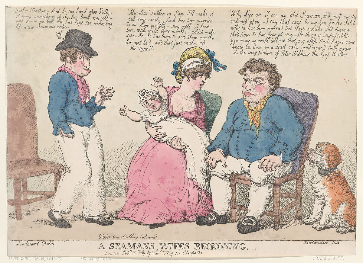 A Seaman's Wife's Reckoning, Thomas Rowlandson (British, London 1757–1827 London), Hand-colored etching 