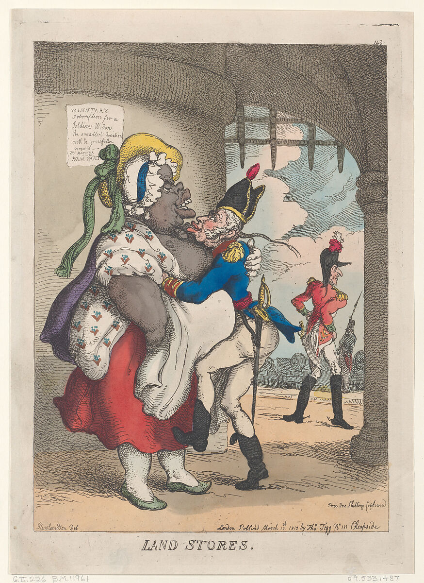 Land Stores, Thomas Rowlandson (British, London 1757–1827 London), Hand-colored etching 