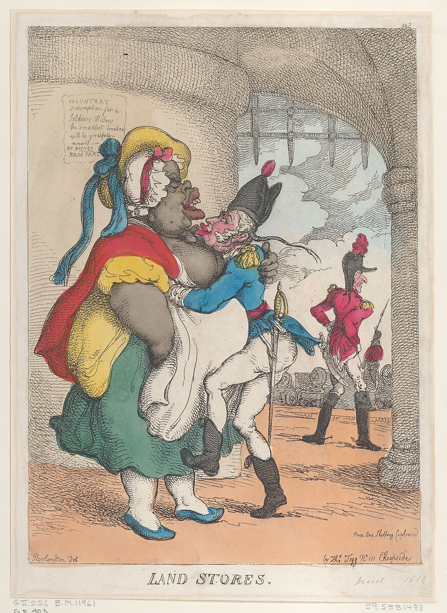 Land Stores, Thomas Rowlandson (British, London 1757–1827 London), Hand-colored etching 