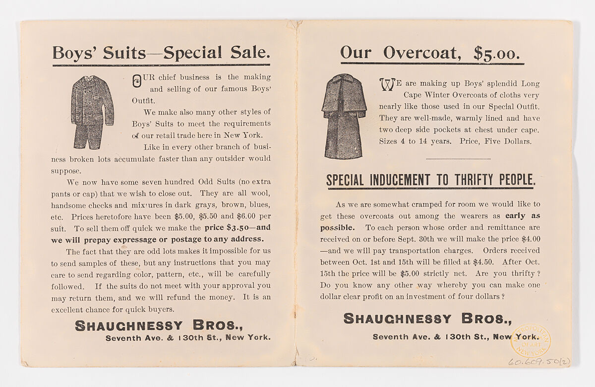 Our Special Outfit [advertizing circular], Shaughnessy Brothers (American, established late 19th century), Wood engraving, with attached fabric swatches