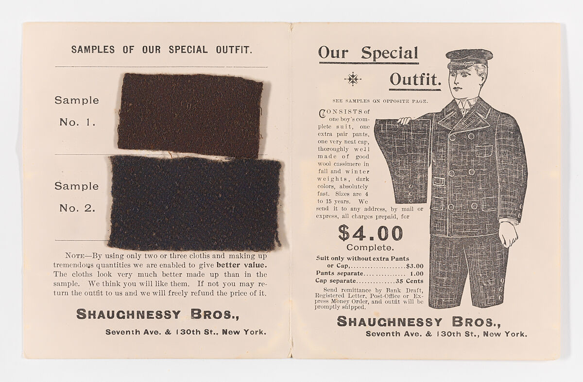 Our Special Outfit [advertizing circular], Shaughnessy Brothers (American, established late 19th century), Wood engraving, with attached fabric swatches 