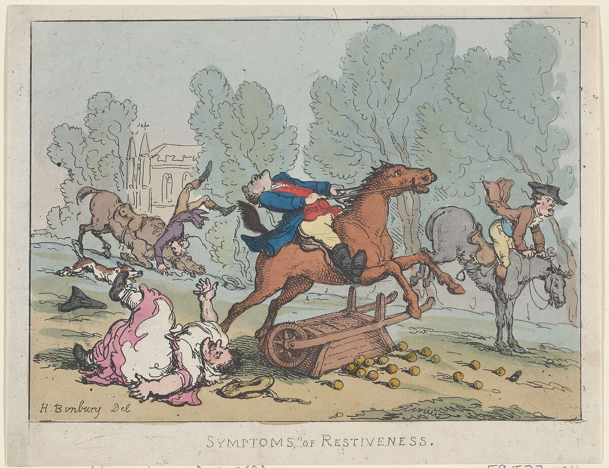 Symptoms of Restiveness, Thomas Rowlandson (British, London 1757–1827 London), Hand-colored etching 