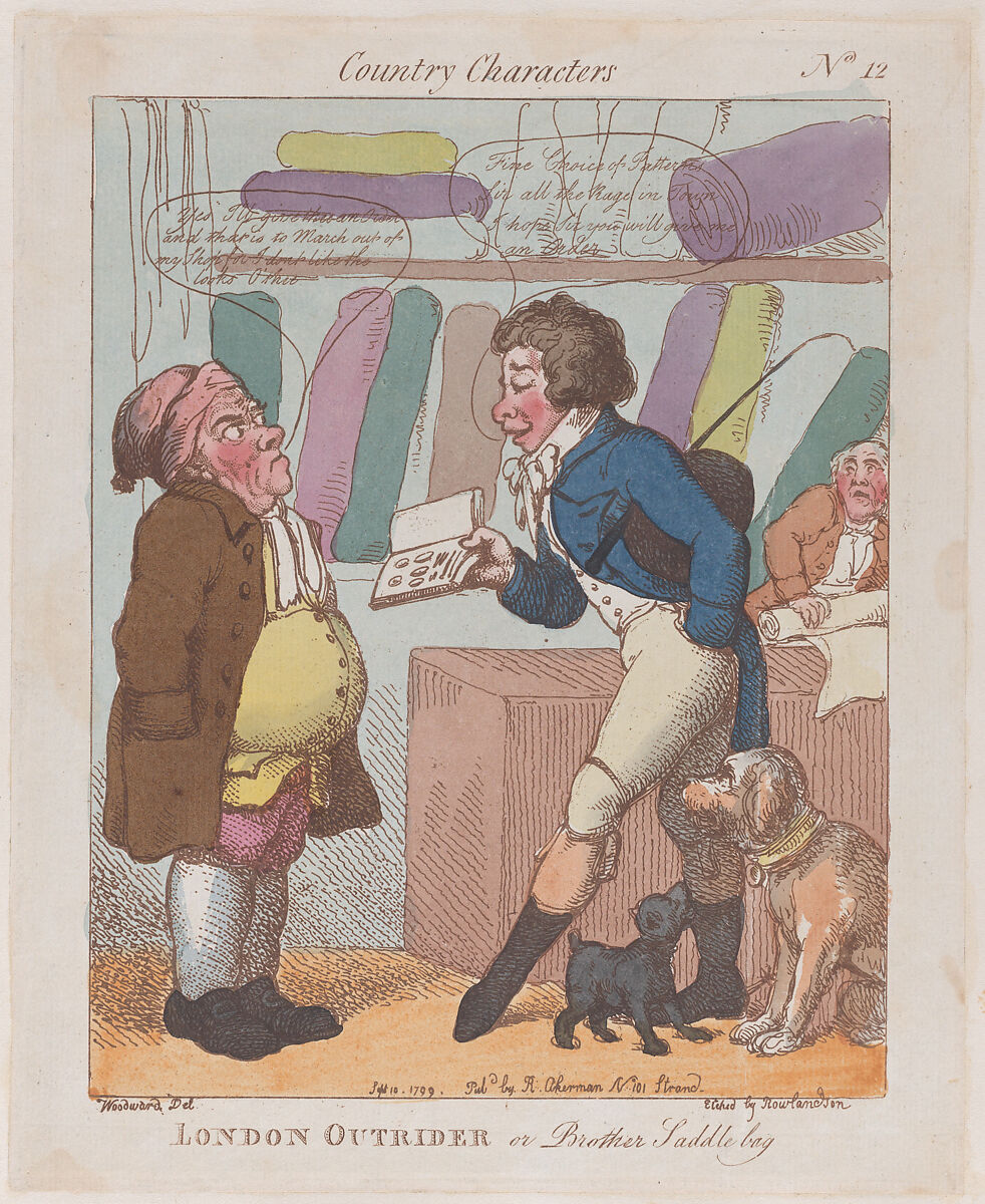 London Outrider, or Brother Saddlebag, Thomas Rowlandson (British, London 1757–1827 London), Hand-colored etching 