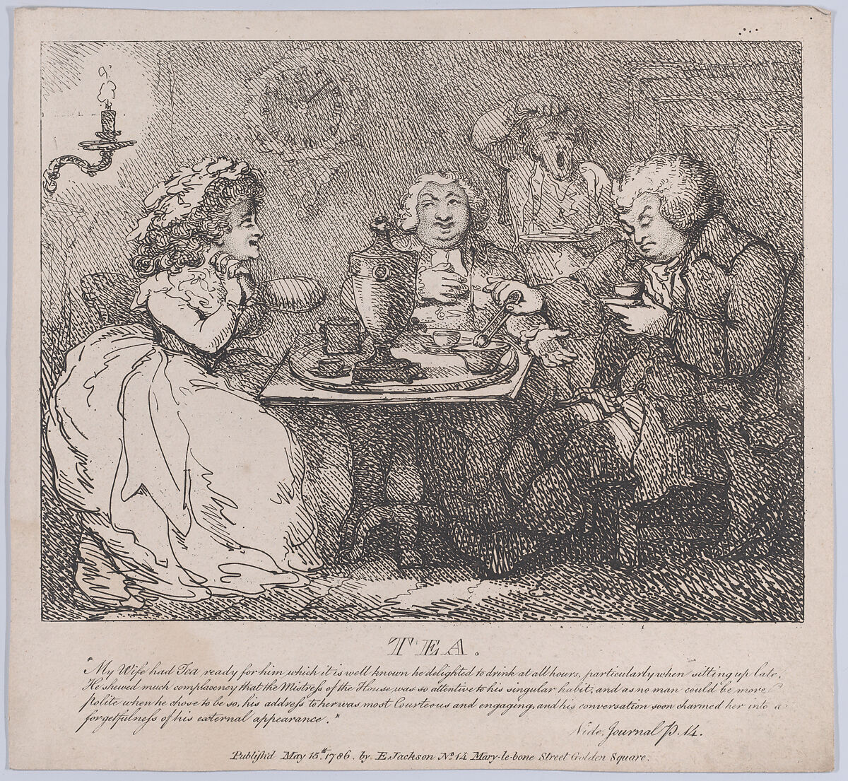 Tea (Picturesque Beauties of Boswell, Part the First), Thomas Rowlandson (British, London 1757–1827 London), Etching 