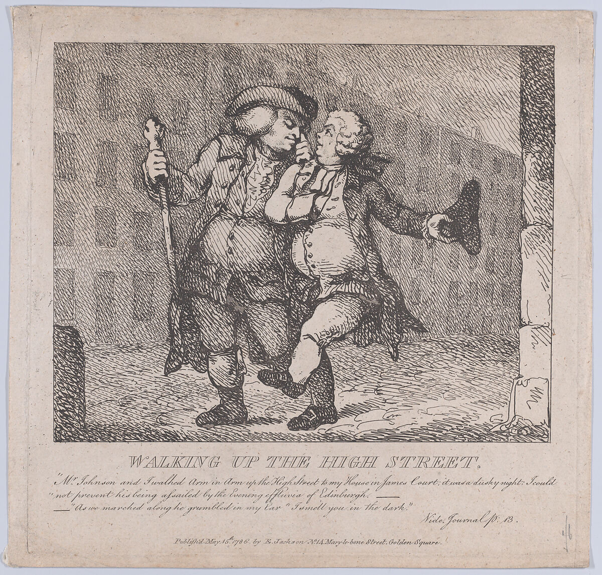 Walking Up the High Street, Edinburgh (Picturesque Beauties of Boswell, Part the First), Thomas Rowlandson (British, London 1757–1827 London), Etching 