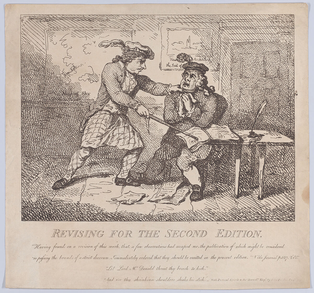 Frontispiece, Revising for the Second Edition (Picturesque Beauties of Boswell, Part the Second), Thomas Rowlandson (British, London 1757–1827 London), Etching 