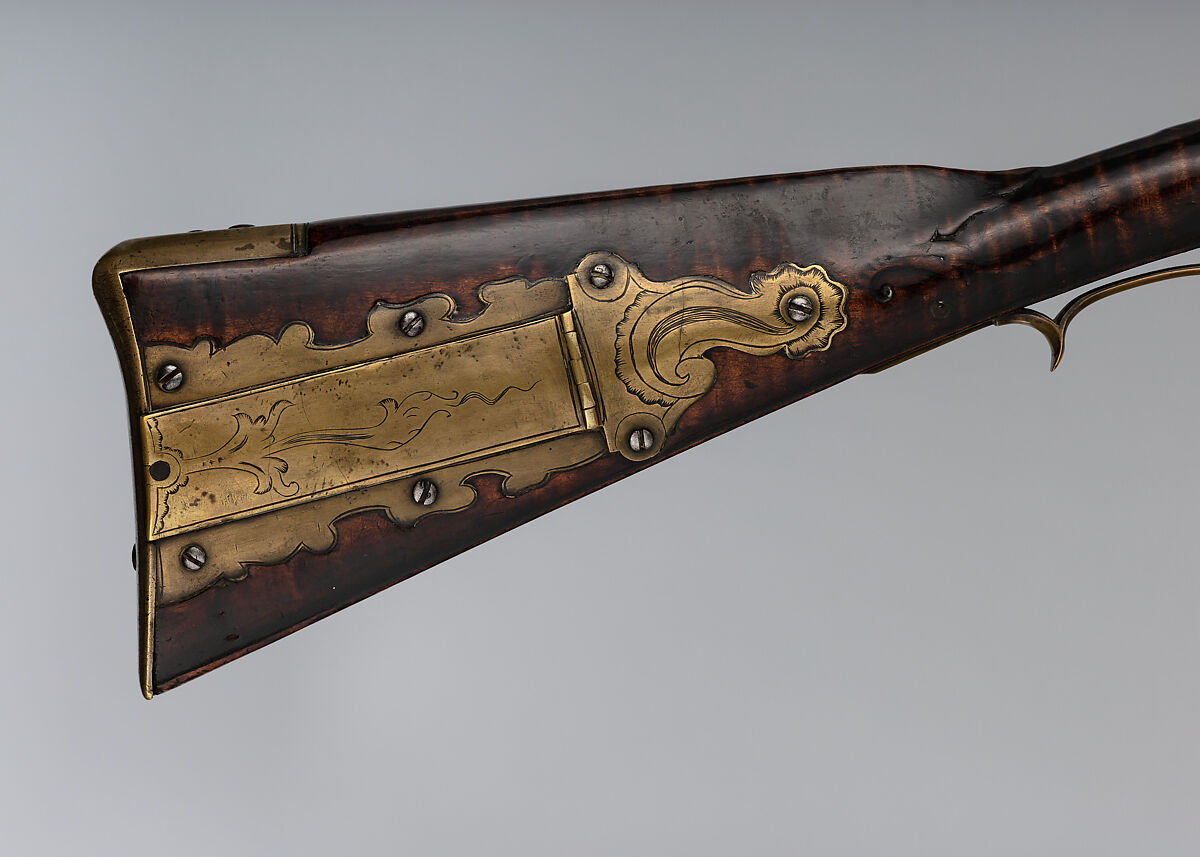 Flintlock Longrifle, Possibly by George Schreyer, Sr. (American, Conewago, Pennsylvania 1739–1819 Hanover, Pennsylvania), Wood (maple), steel, iron, brass, American, York County, Pennsylvania
