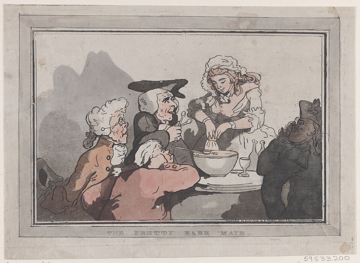 The Pretty Barr Maid, Attributed to Thomas Rowlandson (British, London 1757–1827 London), Hand-colored etching 