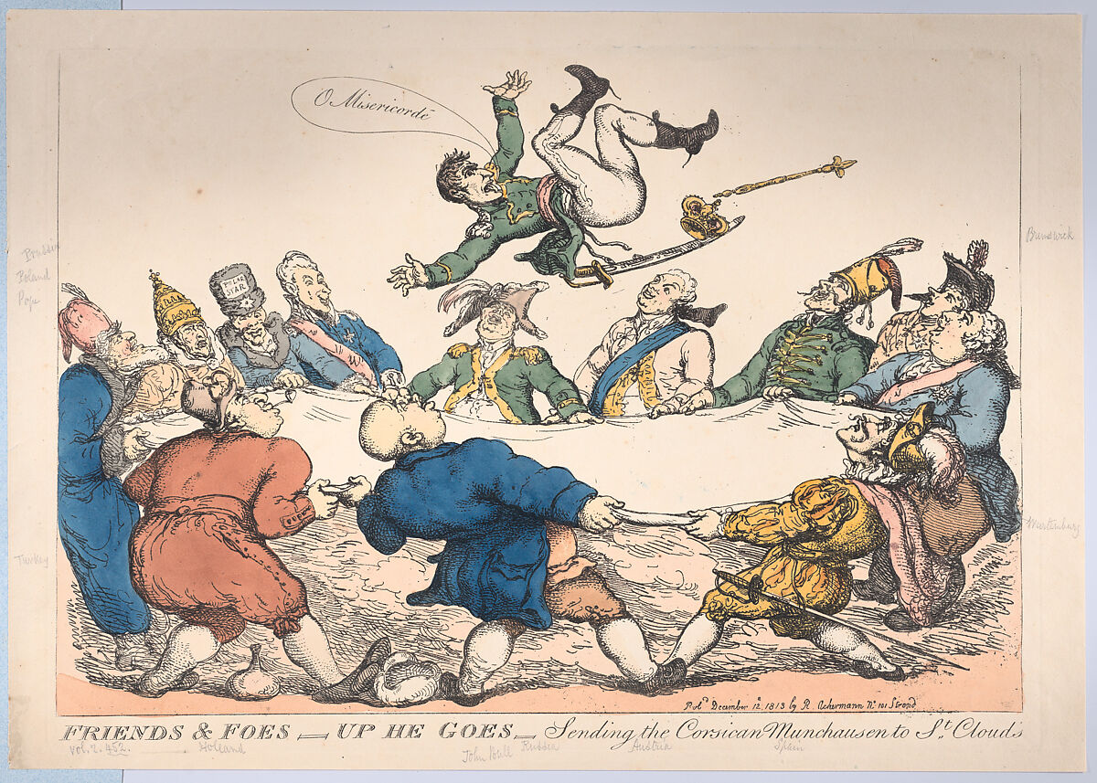 Friends and Foes–Up He Goes–Sending the Corsican Munchausen to St. Cloud's, Thomas Rowlandson (British, London 1757–1827 London), Hand-colored etching 
