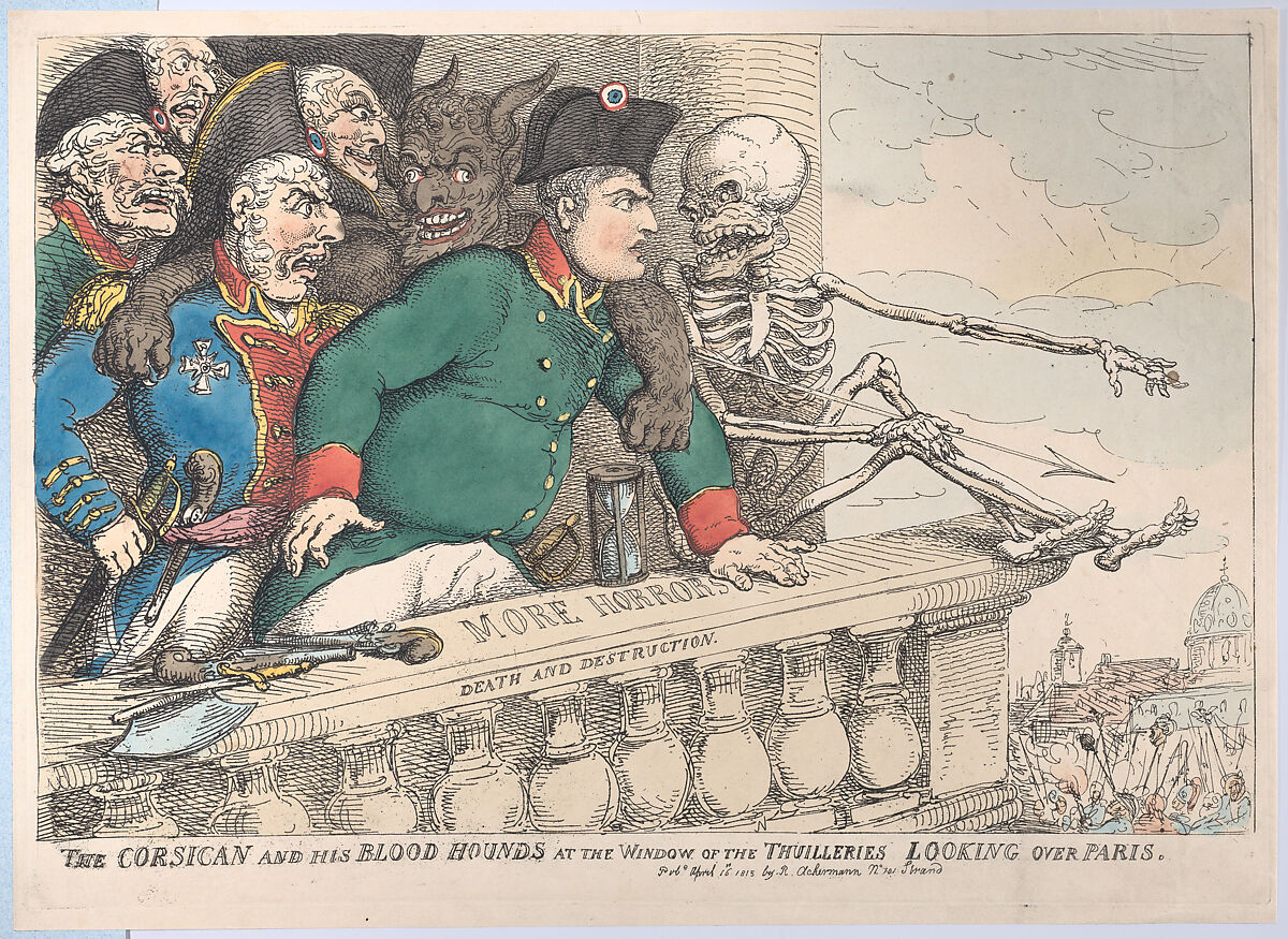 The Corsican and His Bloodhounds at the Window of the Thuilleries Looking Over Paris, Thomas Rowlandson (British, London 1757–1827 London), Hand-colored etching 